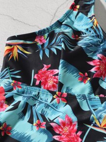 Swim Lushoire Tropical Print Drawstring Tankini,Summer Beach - Multicolor - View 3