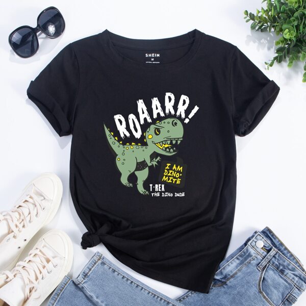 

Dinosaur And Letter Graphic Tee, Black