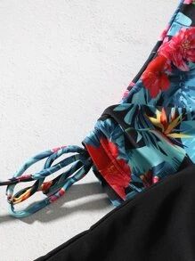 Swim Lushoire Tropical Print Drawstring Tankini,Summer Beach - Multicolor - View 4