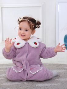 嬰兒字母和草莓刺繡羊絨領口法蘭絨連身褲 - 紫丁香色 - 查看 1