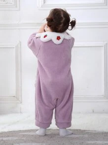 嬰兒字母和草莓刺繡羊絨領口法蘭絨連身褲 - 紫丁香色 - 查看 2