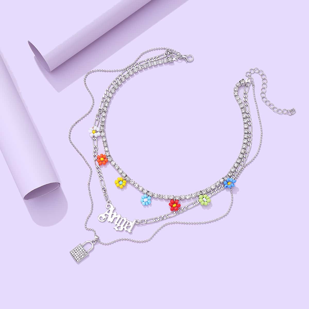 

Rhinestone Decor Layered Chain Necklace, Silver