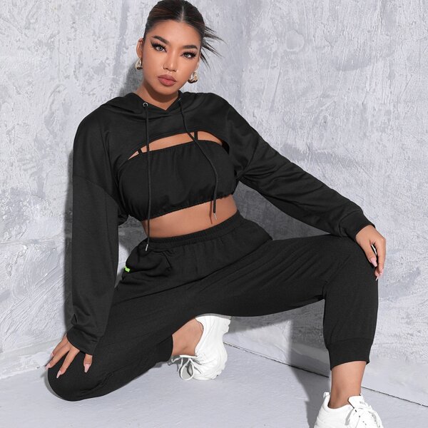 

Plus Drawstring Super Crop Hoodie Without Tube Top, Black