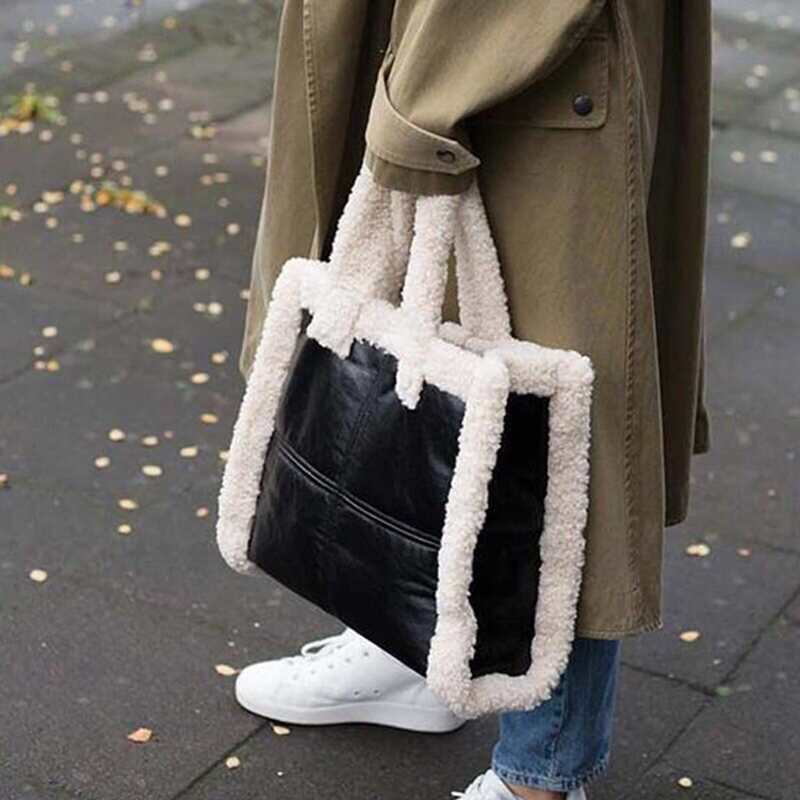 

Fuzzy Large Capacity Top Handle Bag, Black and white
