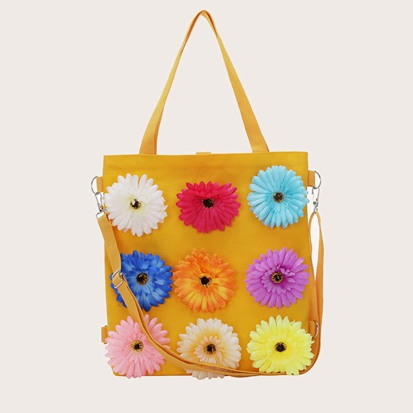 

Colorblock Floral Appliques Shoulder Tote Bag, Yellow