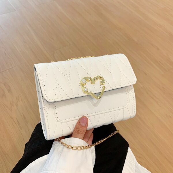 

Heart Decor Textured Flap Square Bag, White