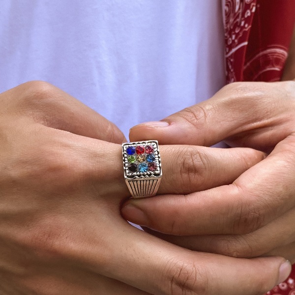 

Men Rhinestone Decor Geometric Ring, Silver