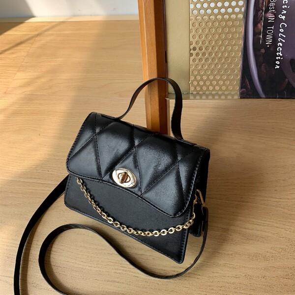 

Twist Lock Quilted Flap Square Bag, Black
