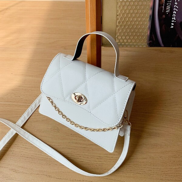 

Twist Lock Quilted Flap Square Bag, White
