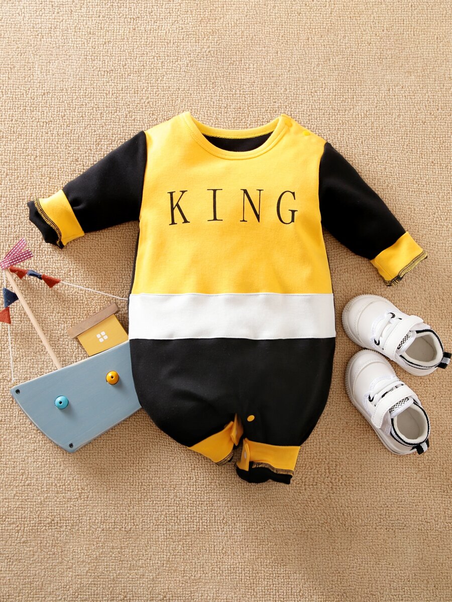 Yierying Đứa bé trai Đồ họa Chữ cái Khối màu Áo liền quần - Nhiều màu - Xem 1