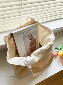 Túi đeo vai nữ bằng vải canvas màu trơn phong cách Harajuku, Túi thời trang thông thường tự làm màu đen trắng có sức chứa lớn cho túi đi học, Back To School, Sức chứa lớn, Di động, Có thể gập lại, Cổ điển thường ngày, Thích hợp cho các cô gái tuổi teen Nữ sinh viên đại học, Hoàn hảo cho mùa tựu trường, Cao Đẳng, Tiểu Học, Trung Học Cơ Sở, Trung Học Phổ Thông, Mua Sắm, Kỳ Nghỉ, Túi Tote Cho Trường Học - Màu be - Xem 4