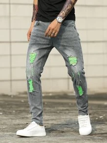 Manfinity Hombres Jeans ajustados panel en contraste rotos crudo gato - Gris - Ver 1