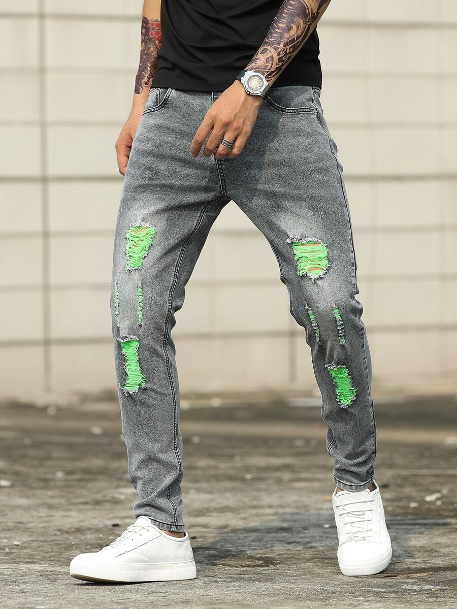 Manfinity Hombres Jeans ajustados panel en contraste rotos crudo gato - Gris - Ver 1