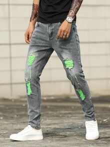 Manfinity Hombres Jeans ajustados panel en contraste rotos crudo gato - Gris - Ver 4