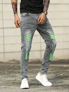 Manfinity Hombres Jeans ajustados panel en contraste rotos crudo gato - Gris - Ver 5