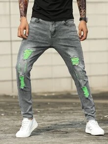 Manfinity Hombres Jeans ajustados panel en contraste rotos crudo gato - Gris - Ver 6
