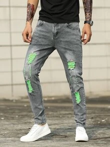 Manfinity Hombres Jeans ajustados panel en contraste rotos crudo gato - Gris - Ver 7
