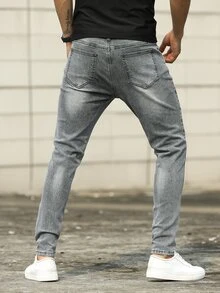 Manfinity Hombres Jeans ajustados panel en contraste rotos crudo gato - Gris - Ver 8