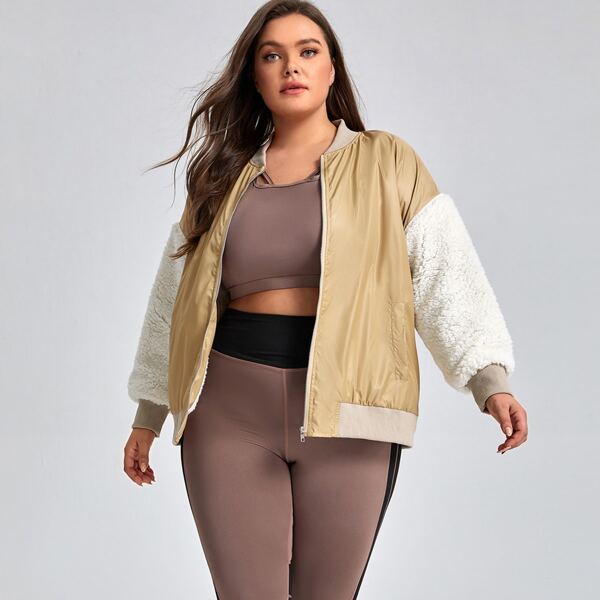 

Plus Color Block Drop Shoulder Bomber Jacket, Khaki