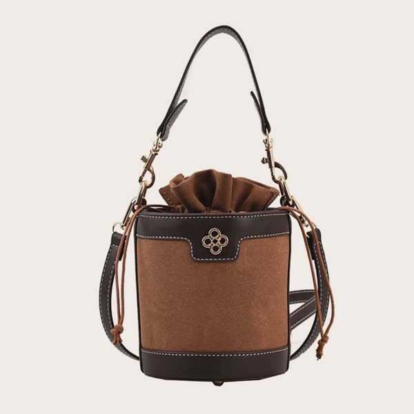 

Metal Decor Drawstring Detail Bucket Bag, Brown