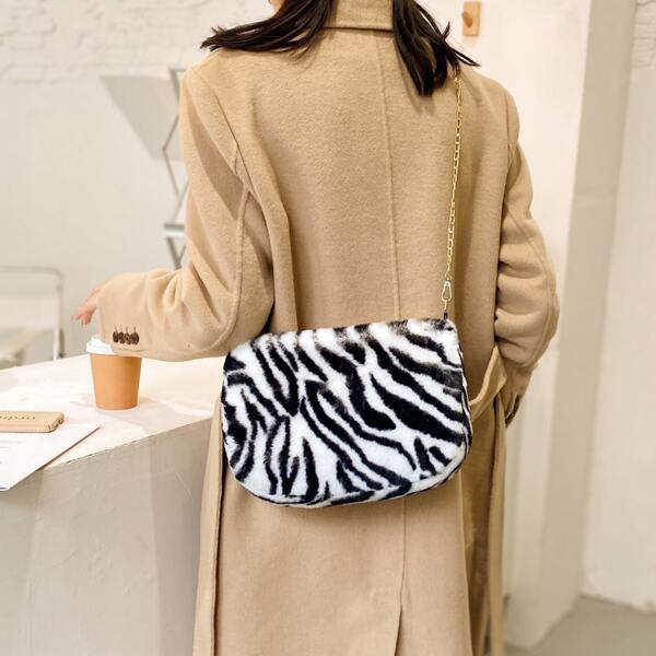 

Zebra Striped Pattern Fluffy Crossbody Bag, Black and white