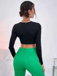 SHEIN Unity Cutout Solid Crop Top - Black - View 2