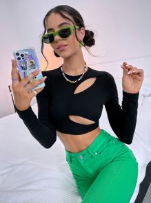 SHEIN Unity Cutout Solid Crop Top - Black - View 6