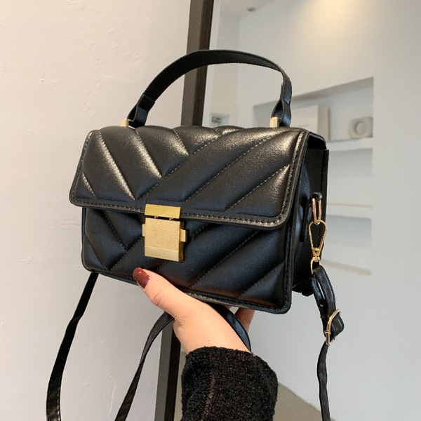 

Textured Push Lock Satchel Bag, Black