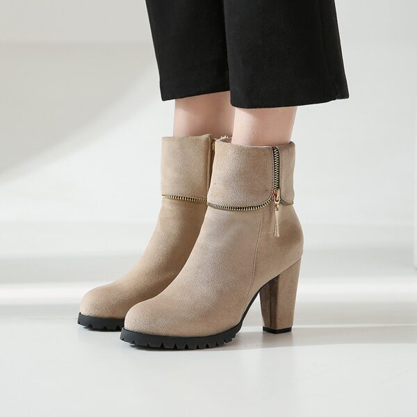 

Minimalist Zip Decor Chunky Boots, Apricot