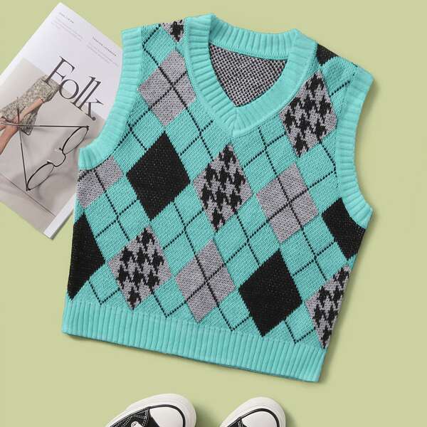 

Argyle Pattern Contrast Binding Sweater Vest, Multicolor