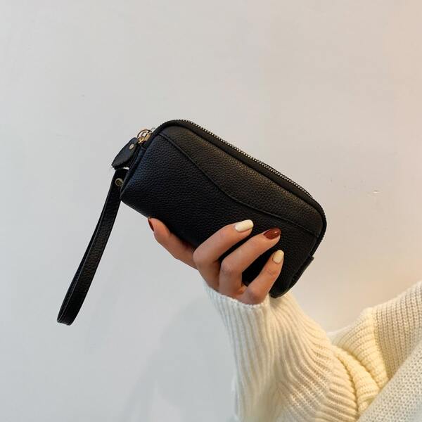 

Litchi Embossed Zipper Around Clutch Bag, Black