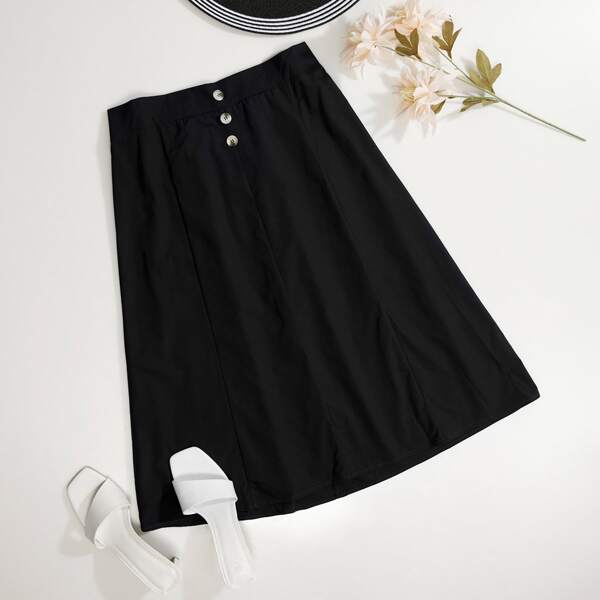 

Plus Solid Button Detail Skirt, Black