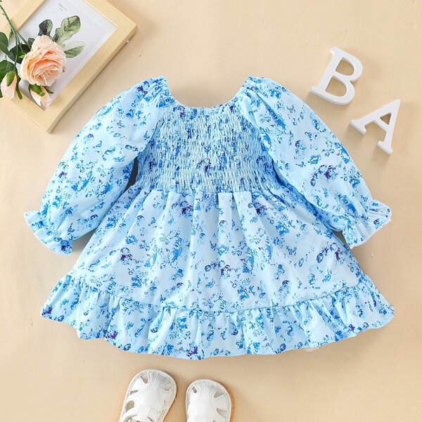 

Baby Allover Print Shirred Flounce Sleeve Ruffle Hem Dress, Baby blue