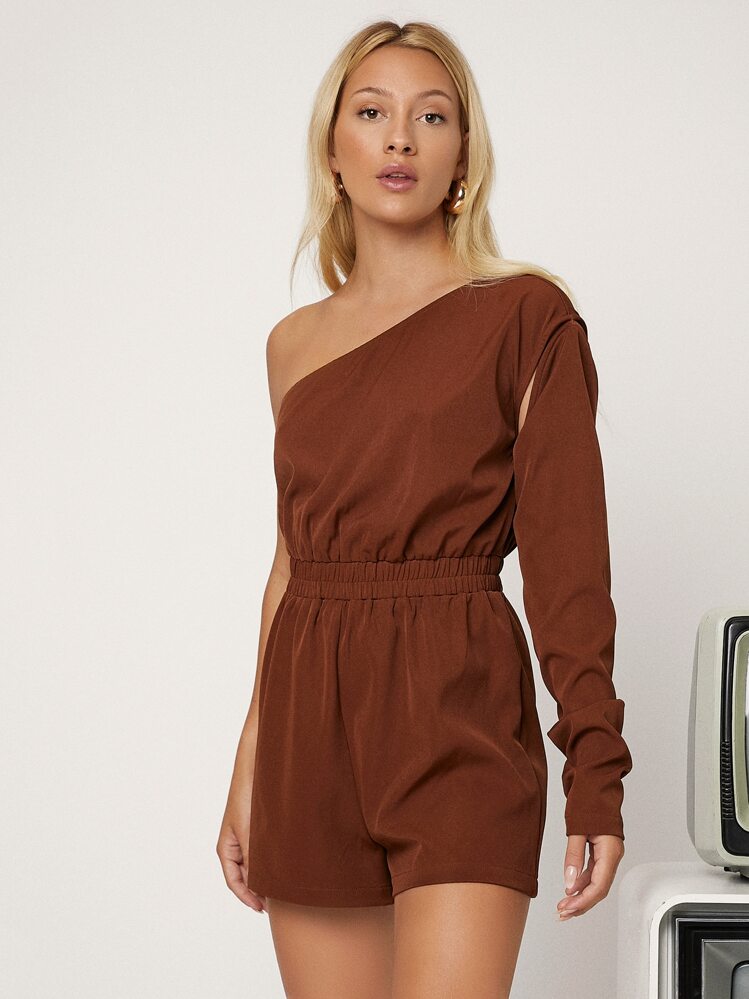 SHEIN Jumpsuit unicolor asimétrico cuello con abertura - Marrón - Añade 1