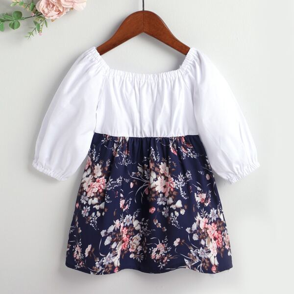 

Baby Floral Print Bishop Sleeve Dress, Blue and white