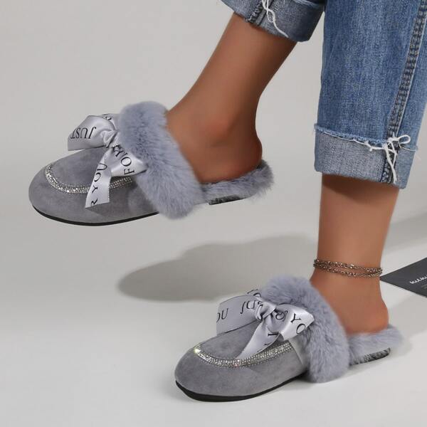 

Scarf Decor Plush Inside Mules, Grey