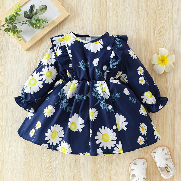 

Baby Allover Floral Ruffle Smock Dress, Navy blue