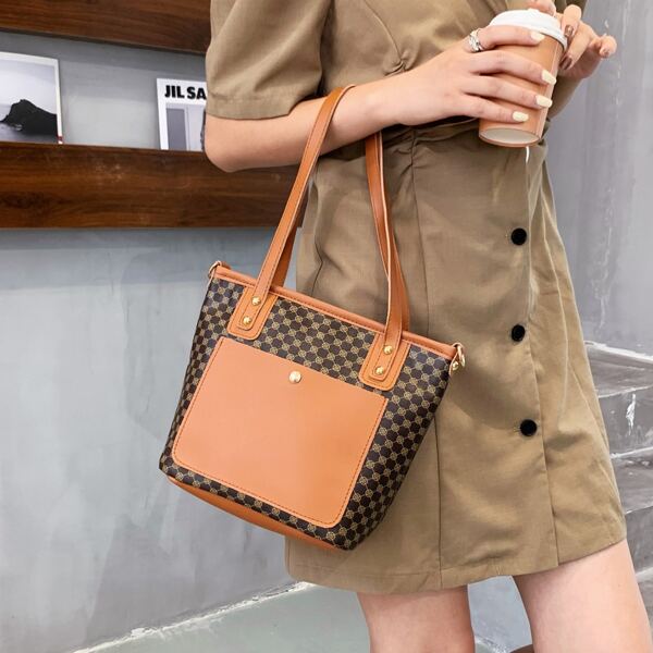 

Contrast Binding Geometric Pattern Shoulder Tote Bag, Multicolor