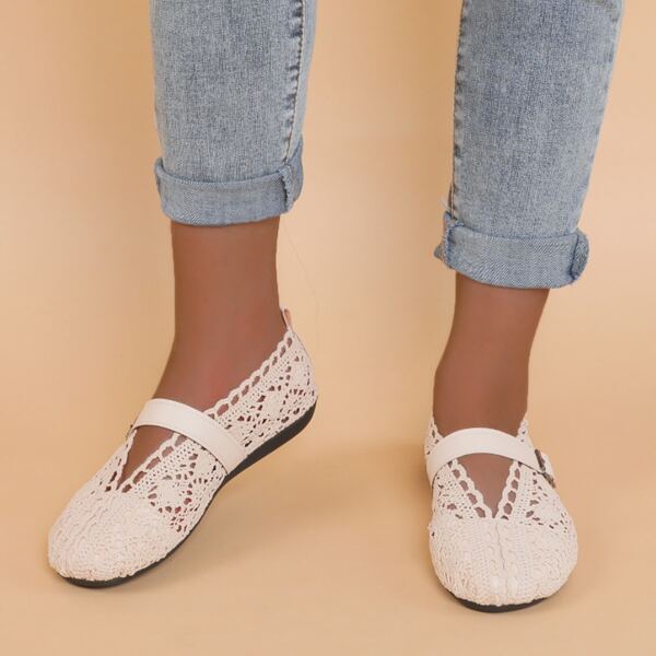 

Buckle Detail Crochet Detail Ballet Flats, Beige