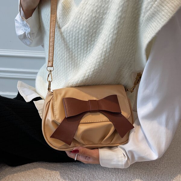 

Bow Decor Flap Shoulder Bag, Khaki
