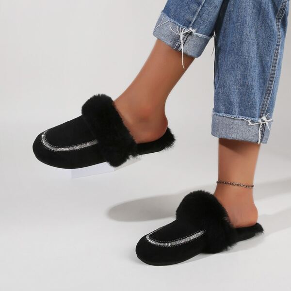 

Rhinestone Decor Plush Inside Mules, Black