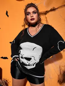 SHEIN Unity Plus Halloween Skull And Heart Pattern Sweater - Black - View 1