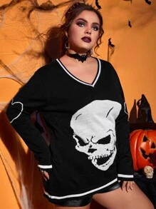 SHEIN Unity Plus Halloween Skull And Heart Pattern Sweater - Black - View 4