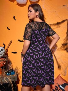 SHEIN Plus Halloween Bat Print Contrast Lace Sweetheart Neck Dress - Multicolor - View 2