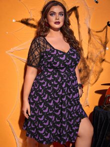 SHEIN Plus Halloween Bat Print Contrast Lace Sweetheart Neck Dress - Multicolor - View 5