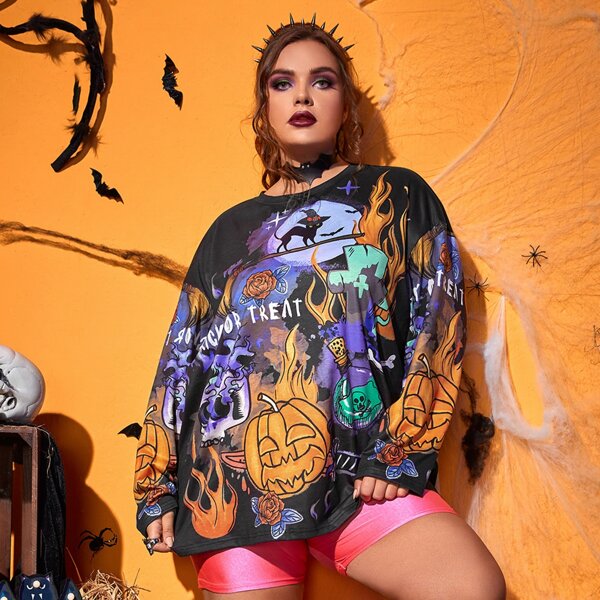 

Plus Halloween Pumpkin And Slogan Graphic Drop Shoulder Tee, Multicolor