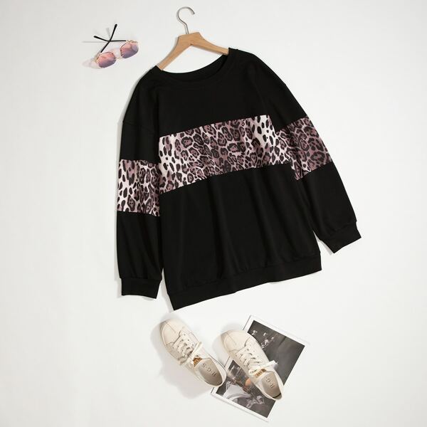 

Plus Leopard Panel Pullover, Black