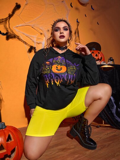 Plus Halloween Cat And Pumpkin Print Drop Shoulder Drawstring Hoodie