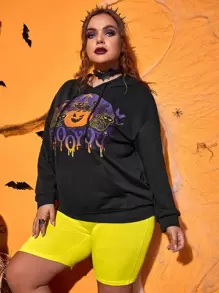 ROMWE PUNK Plus Halloween Cat And Pumpkin Print Drop Shoulder Drawstring Hoodie - Black - View 5