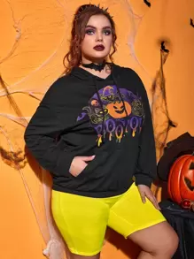 ROMWE PUNK Plus Halloween Cat And Pumpkin Print Drop Shoulder Drawstring Hoodie - Black - View 4